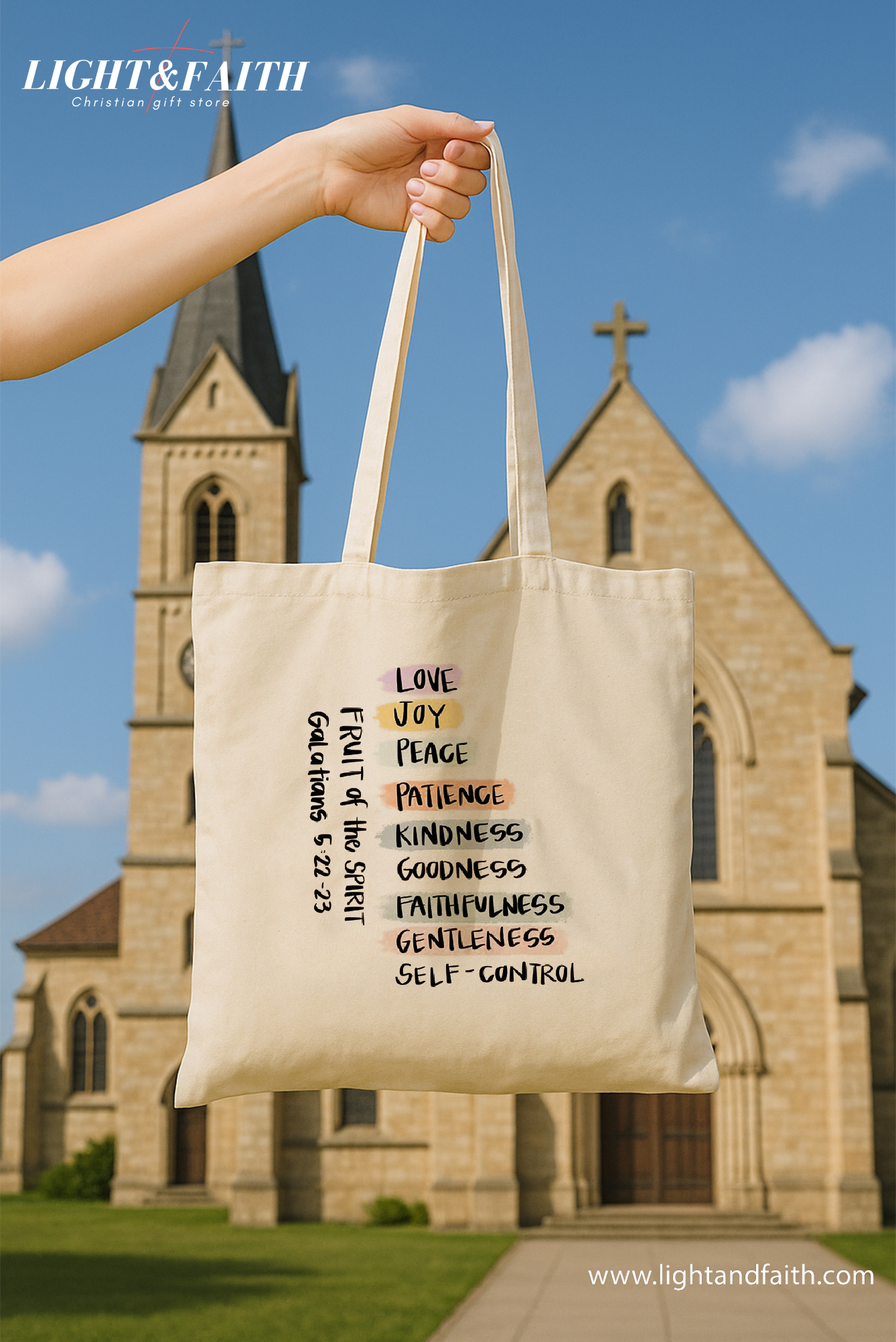 Fruits of the Spirit Christian Tote Bag – Canvas Bible Verse Bag – Faith-Based Gift for Women – Religious Accessories – Galatians 5:22-23 TBLAF16